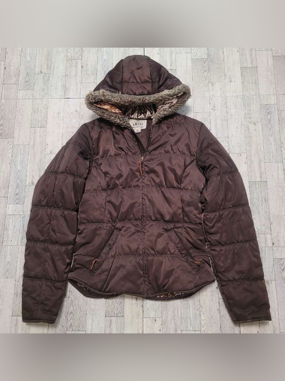 Women’s Ariat Western Brown Fur Lined Hooded Down Puffer Jacket Size S Cowgirl